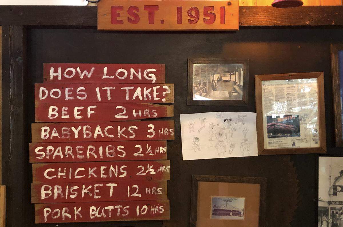 Signs show diners how long barbecue takes at Shorty’s.