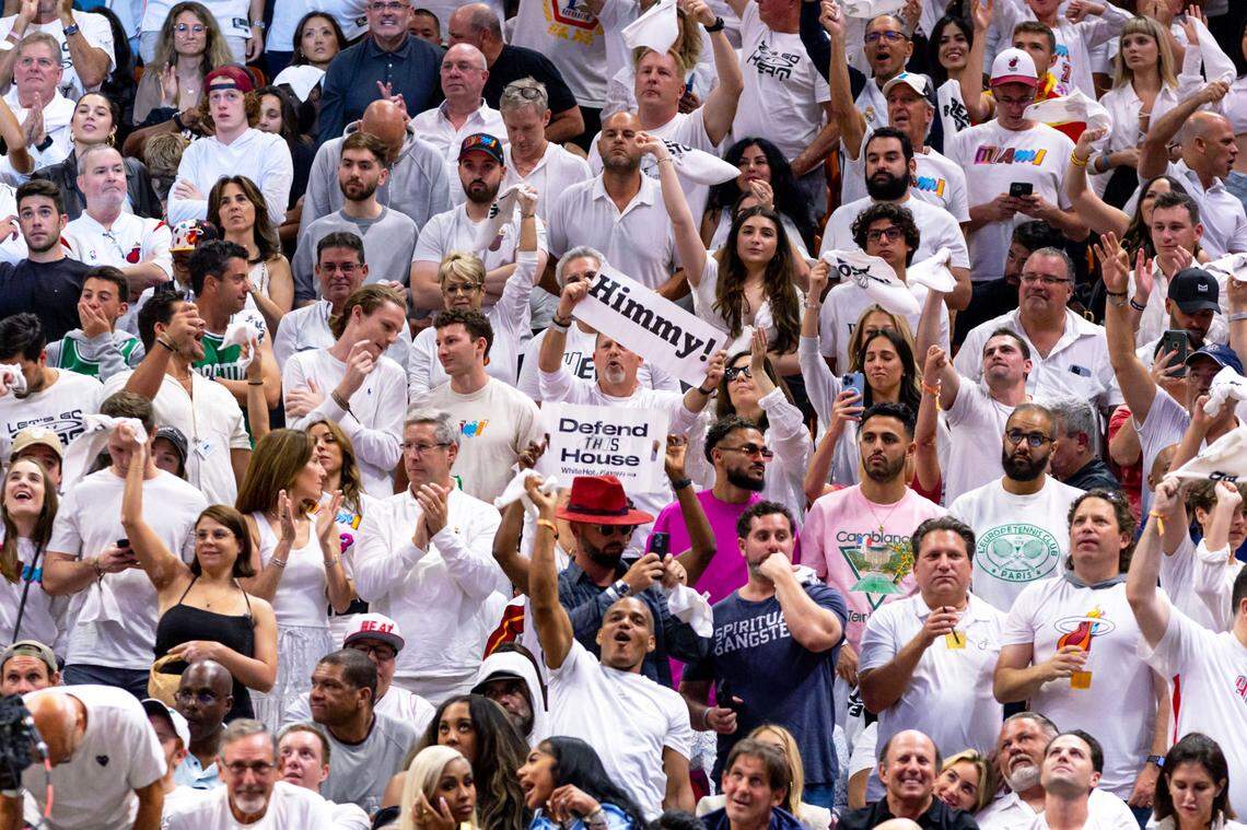 Miami Heat fans react in the stands during the second half of Game 3 of the NBA Eastern Conference Finals series against the Boston Celtics at Kaseya Center in Miami, Florida, on May 21, 2023.