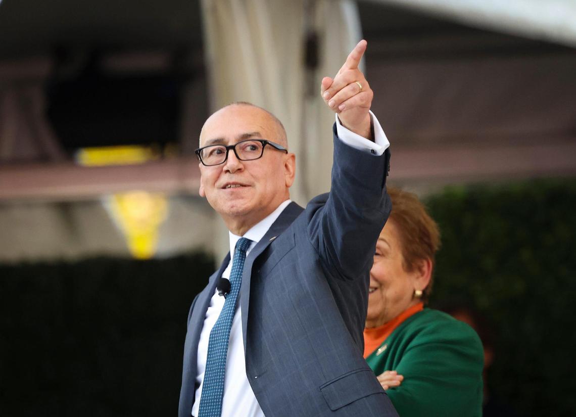 Joe Echevarria, president of the University of Miami, speaks during the University of Miami Centennial celebration on Tuesday, April 8, 2025, at the Lakeside Patio on the University of Miami’s Coral Gables campus.