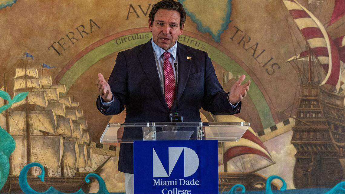 Florida Gov. Ron DeSantis speaks during an event to commemorate and honor the “Victims of Communism Day” with the attendance of community leaders and students from different county schools, hosted by the college in the Freedom Tower at the Wolfson Campus, in Miami, on Friday Nov. 07, 2025.