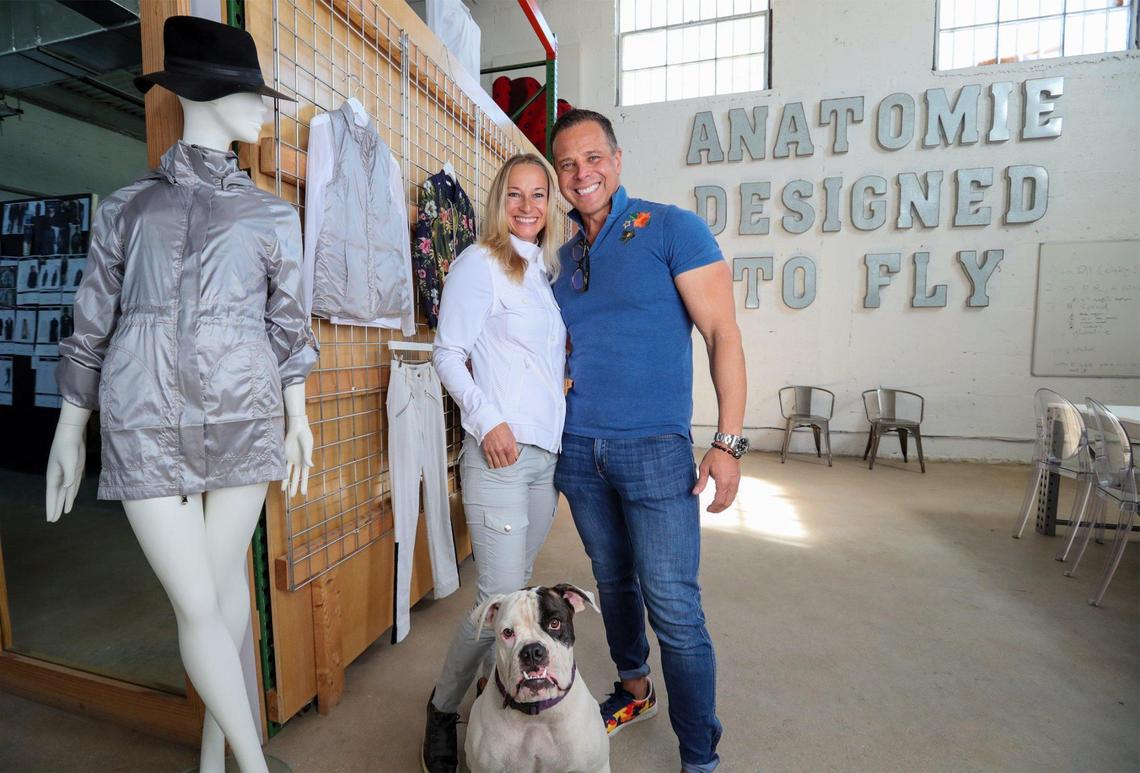 CEO Kate Boyer and creative director Shawn Boyer at AnatomieÕs headquarters in Miami on Tuesday, December 1, 2020. Anatomie is a successful global fashion brand known for its high-end high-style travel and leisure clothing for women. Keeping them company is their dog Luna, seen below.