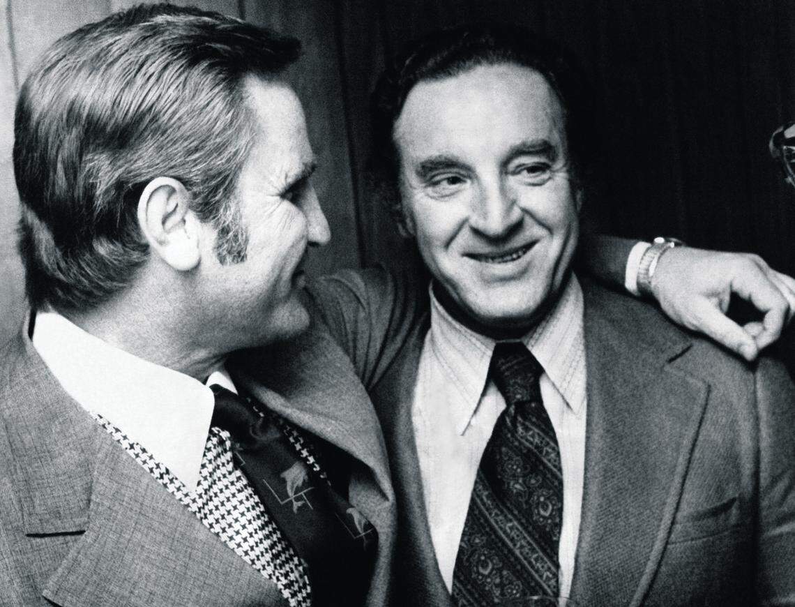 Miami Dolphins coach Don Shula, left, with Joe Thomas. As Dolphins director of player personnel in 1966-71, Thomas signed five future Hall of Famers among the treasure trove of talent Shula inherited when he joined the Dolphins in 1970.