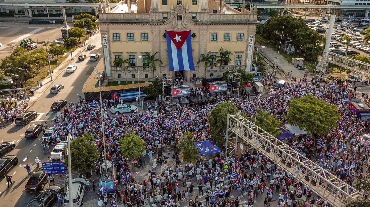 Protesters gather during Rally for Democracy in Cuba at Miami Dade College’s Freedom Tower, in Miami on Saturday, July 17, 2021.