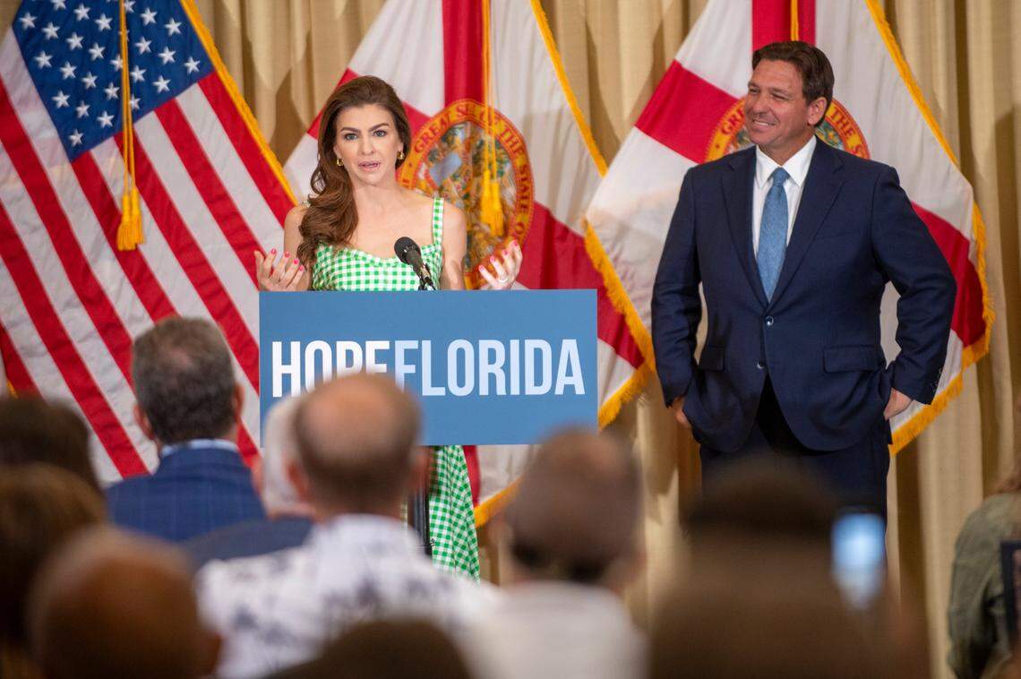 First lady Casey DeSantis speaks alongside Florida Gov. Ron DeSantis during a news conferance on July 29, 2024, in Tampa.