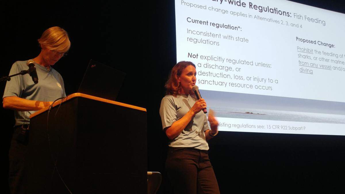 Florida Keys Marine Sanctuary Superintendent Sarah Fangman, left, and policy analyst Beth Dieveney, speak to a crowd in Key West on Monday, Sept. 23, 2019, about proposed changes to fishing rules.