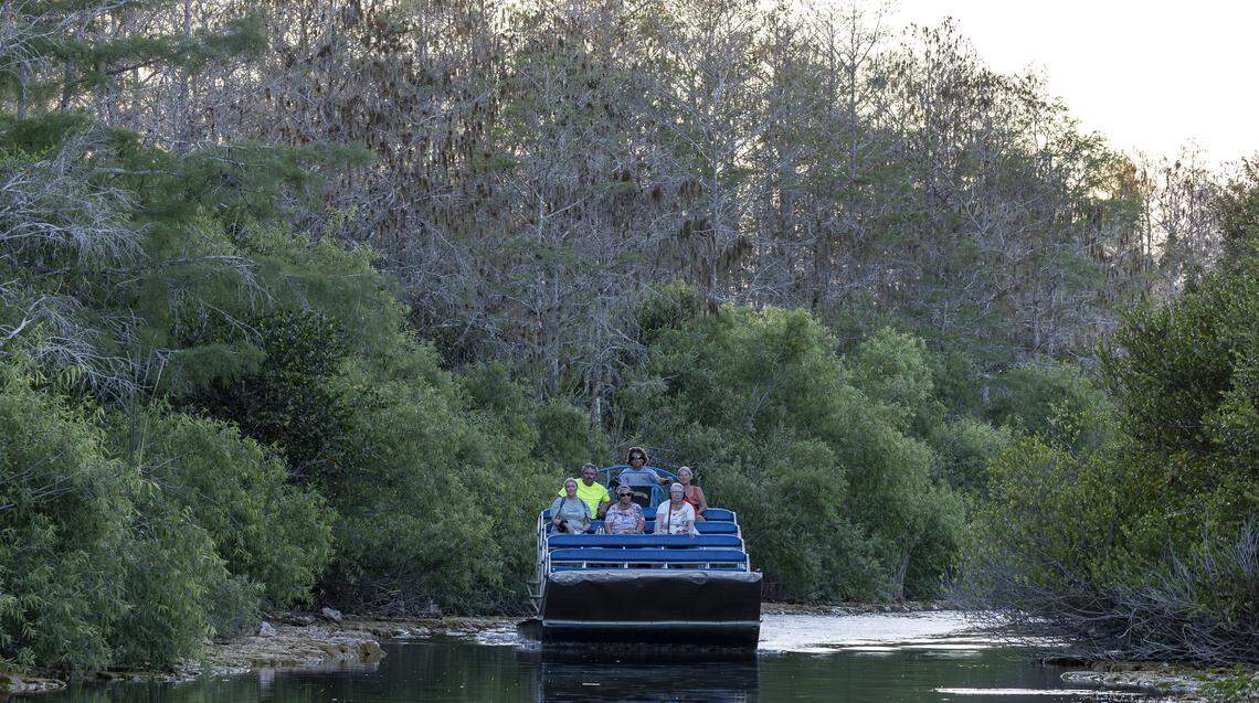 Wilder, 32, an airboat operator with Tigertail Airboat Tours, gives a tour of Big Cypress on Tuesday, March 10, 2026. Airboats run along canals in Big Cypress as operators deal with an ongoing drought that has dried out marshes across parts of the Florida Everglades.
