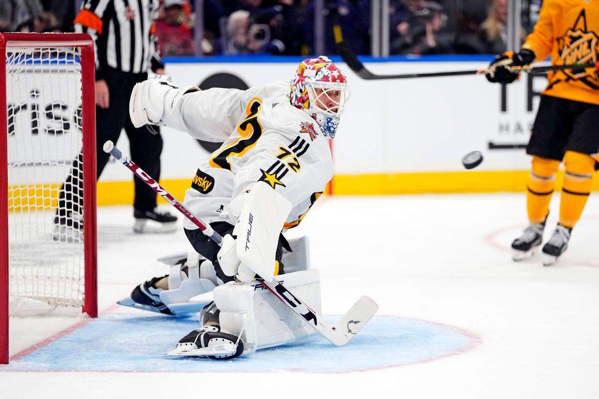 Feb 3, 2024; Toronto, Ontario, CAN; Team McDavid goalkeeper Sergei Bobrovsky (72) of the Florida Panthers makes a save in the 2024 NHL All-Star Game at Scotiabank Arena.