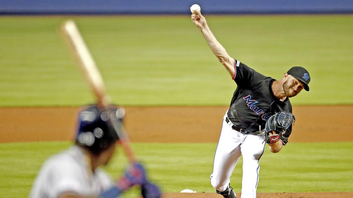 Miami Marlins starting pitcher Trevor Richards (36) throws in the first inning as the Miami Marlins host the Atlanta Braves on Saturday, May 4, 2019.