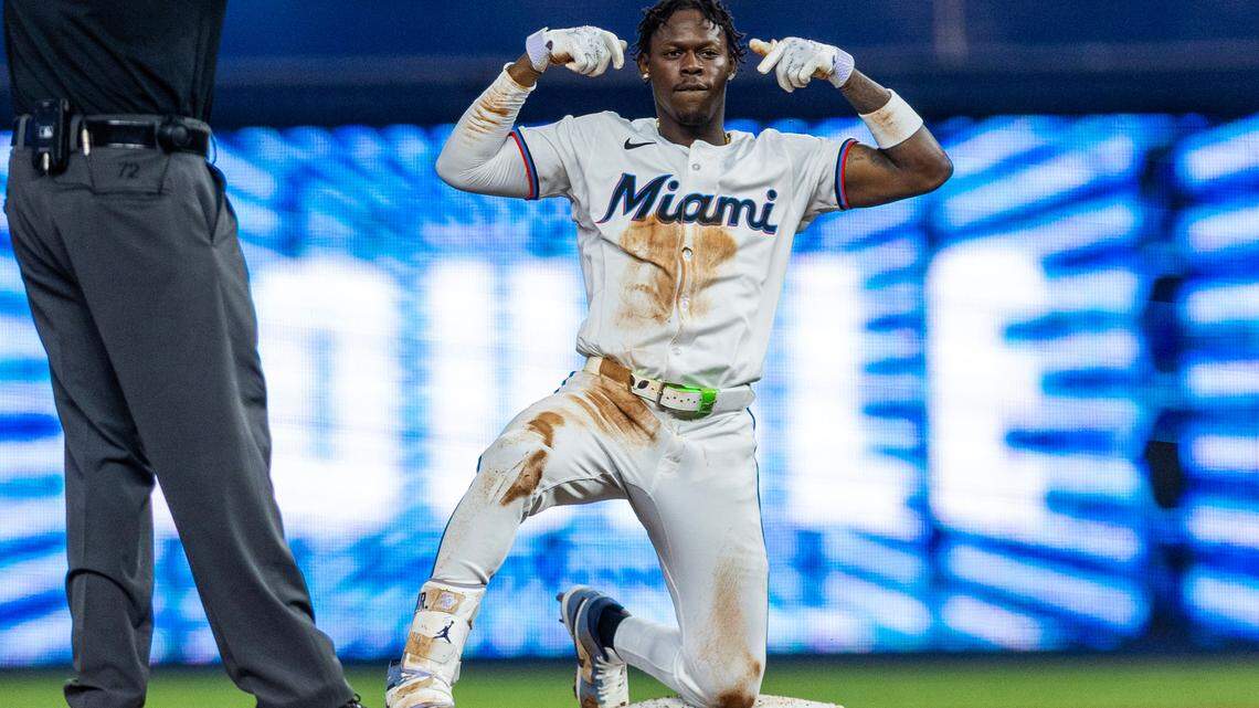 Miami Marlins batter Jazz Chisholm Jr. reacts to driving in to runs during the second inning of an MLB game against the Baltimore Orioles at loanDepot Park on Tuesday, July 23, 2024, in Miami, Fla.