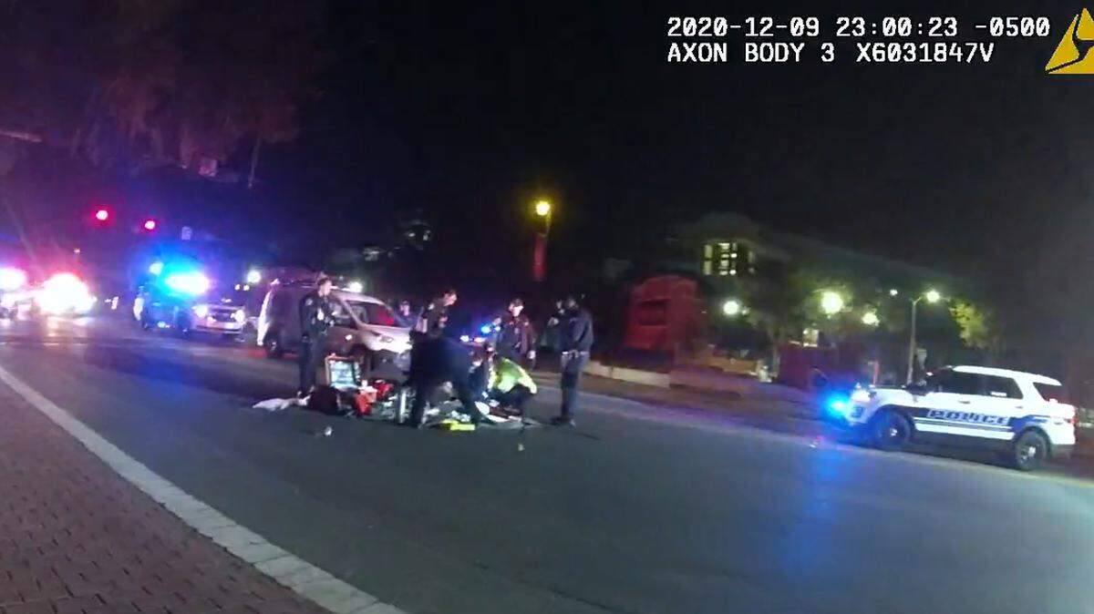 In this screen grab from a Gainesville Police Department officer’s body camera, first responders work in vain Dec. 9, 2020, to save the life of Maggie Paxton, 18, of Jacksonville, after she was struck by a car while she was crossing University Avenue bordering the University of Florida campus. The driver of the car, Joshua Figueroa, 32, of Gainesville, pleaded no contest to a felony charge of leaving an accident scene involving a death.