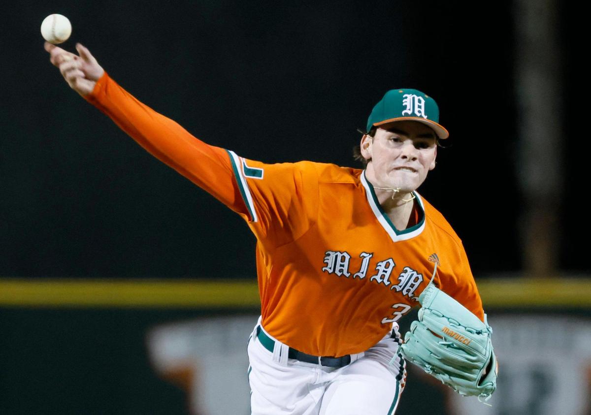 Miami Hurricanes starting pitcher Nick Robert (36) thows a pitch against the Niagara University in the first inning at Alex Rodriguez Park at Mark Light Field on the University of Miami Campus in Coral Gables, Florida on Friday, February 14, 2025.