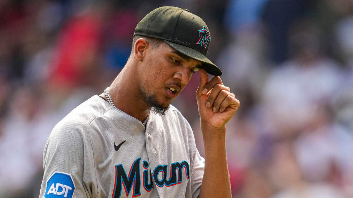 Miami Marlins starting pitcher Eury Perez (39) leaves the field after being removed from the game against the Atlanta Braves during the first inning at Truist Park.