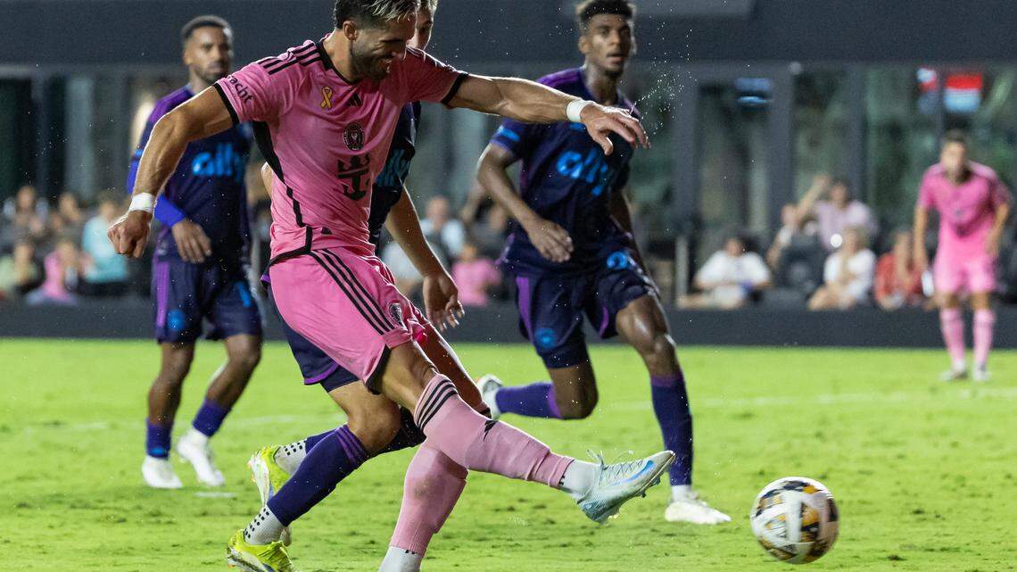Inter Miami forward Leonardo Campana (8) takes a shot against Charlotte FC in the second half of their MLS match at Chase Stadium on Saturday, Sept. 28, 2024, in Fort Lauderdale, Fla.