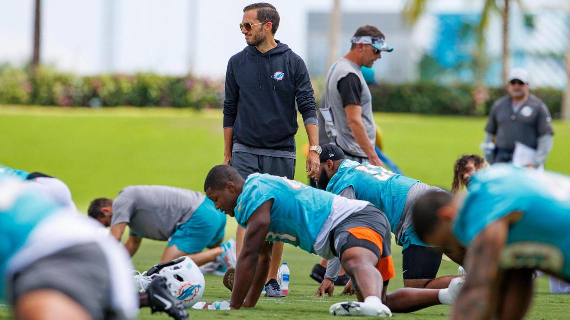 Miami Dolphins head coach Mike McDaniel walks on the field during NFL football training camp at Baptist Health Training Complex in Hard Rock Stadium on Wednesday, September 7, 2022 in Miami Gardens, Florida.
