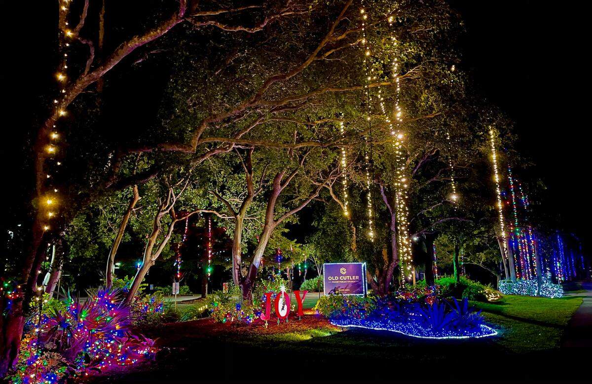 Lights in the highest treetops at Old Cutler Presbyterian Church, 14401 Old Cutler Road, Palmetto Bay, are the work of Derek Deville and his lighting team.