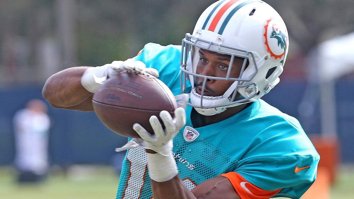 Miami Dolphins receiver Brice Butler catches a pass during a drill at the training camp in Davie, Florida, Wednesday, December, 5, 2018.