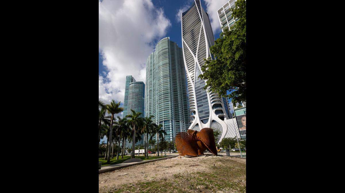 Miami, Florida, Oct. 6 2023 - A sculpture at the site where the 35-foot ficus tree stood in Maurice Ferré Park in downtown Miami. The city cut down the tree in July, saying its roots were a tripping hazard. Upset neighbors dispute that and point to the city not pulling a proper permit for the tree’s removal.
