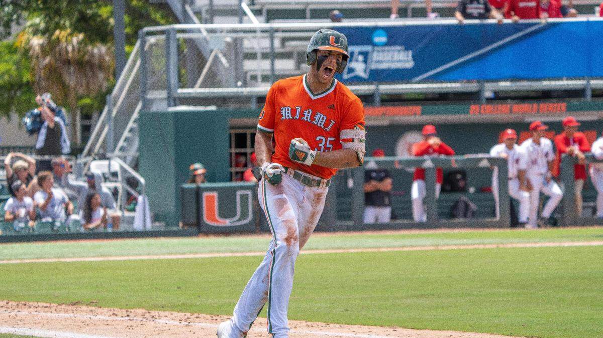Junior infielder Yohandy Morales celebrates his home run at the top of the seventh inning of Miami’s Coral Gables Regional game versus the University of Louisiana at Mark Light Field on June 4, 2023.