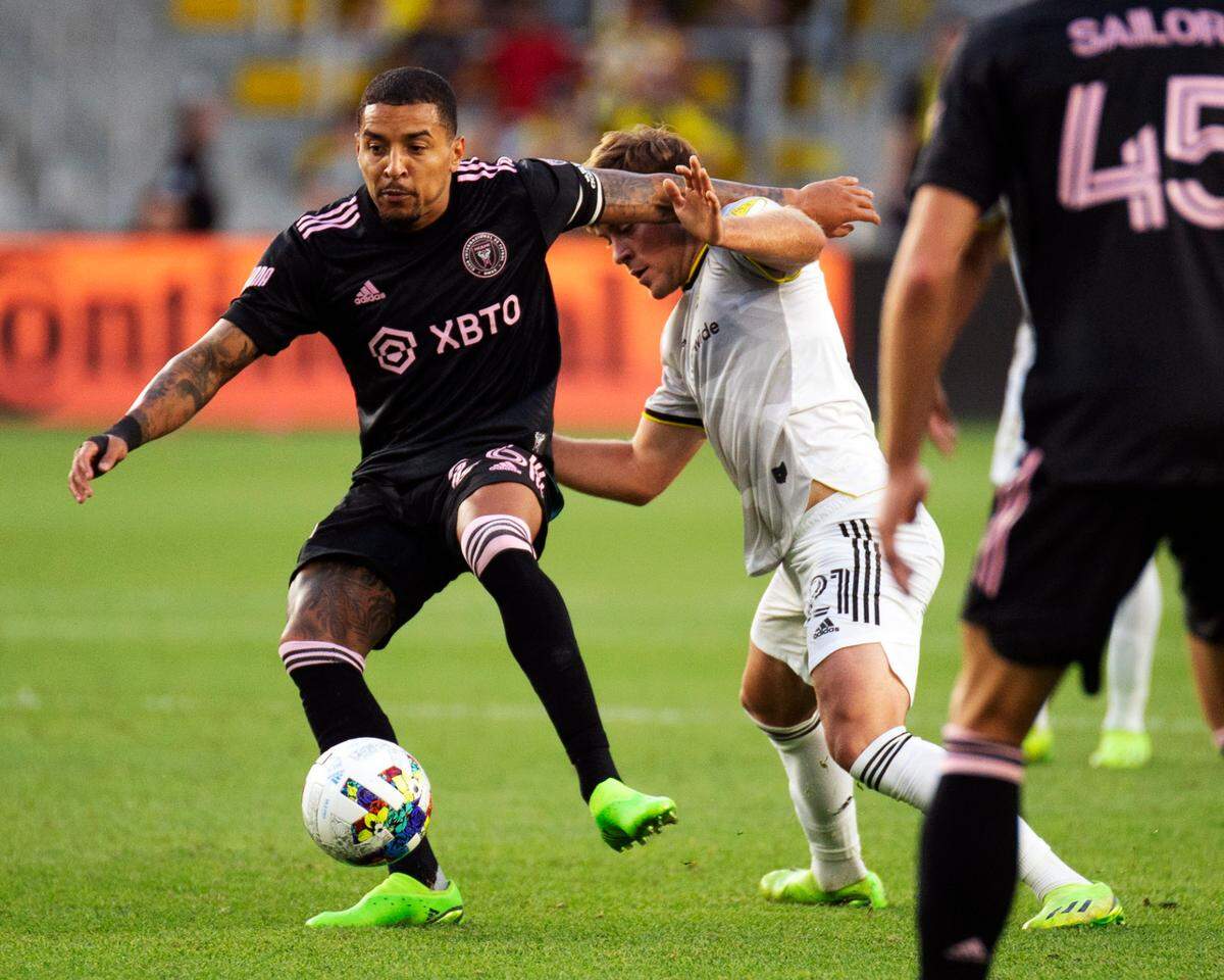 August 31, 2022: Inter Miami midfielder Gregore (26) fights for the ball against Columbus Crew midfielder Aidan Morris (21) in their match in Columbus, Ohio.