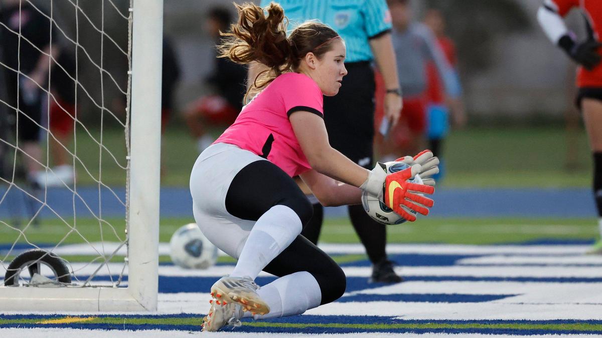 Palmetto High Schools goalkeeper Stevie Ricklick (99) blocks a penalty kick during the game against South Dade Senior High School in the GMAC soccer championship games at Traz Powell Stadium in Miami on Friday, January 13, 2023.