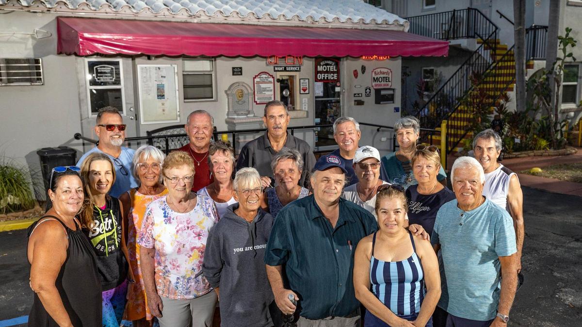 Richard Clavet, at front and center, is the owner of a string of Canadian-themed hotels and motels along South Federal Highway in Hollywood, Florida. Clavet says Canadian tourists are ‘canceling reservations left and right’ due to President Trump’s tariffs on Canada and his talk of annexing the country as America’s 51st state, Thursday, March 27, 2025.
