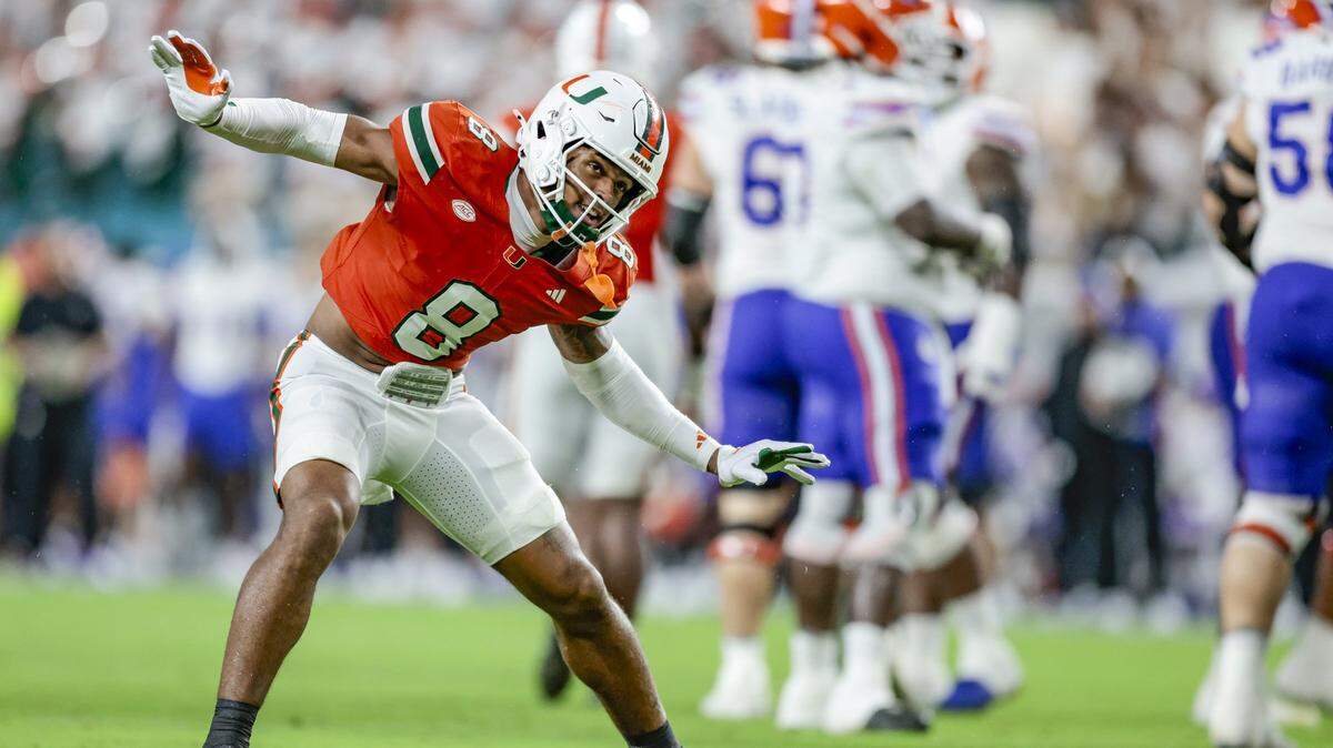 Miami Hurricanes defensive back Jakobe Thomas (8) reacts after sacking Florida Gators quarterback DJ Lagway (2) in the first half during their NCAA football game at Hard Rock Stadium in Miami Gardens, Florida, on Saturday, September 20, 2025.