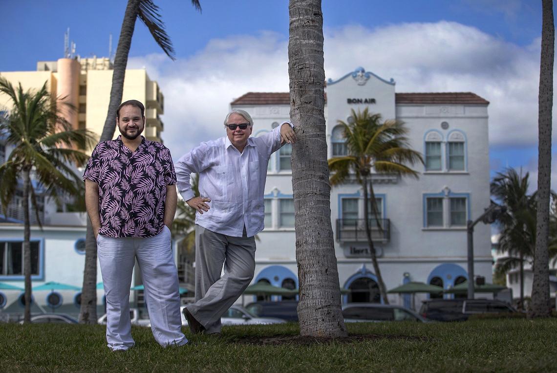 Art collector Dennis Scholl, right, and O Cinema co-founder Kareem Tabsch, photographed on South Beach on Feb. 7, 2019. The pair co-directed “The Last Resort,” a documentary about the photographers Andy Sweet and Gary Monroe, who documented the community of Jewish retirees who lived in Miami Beach in the 1970s.