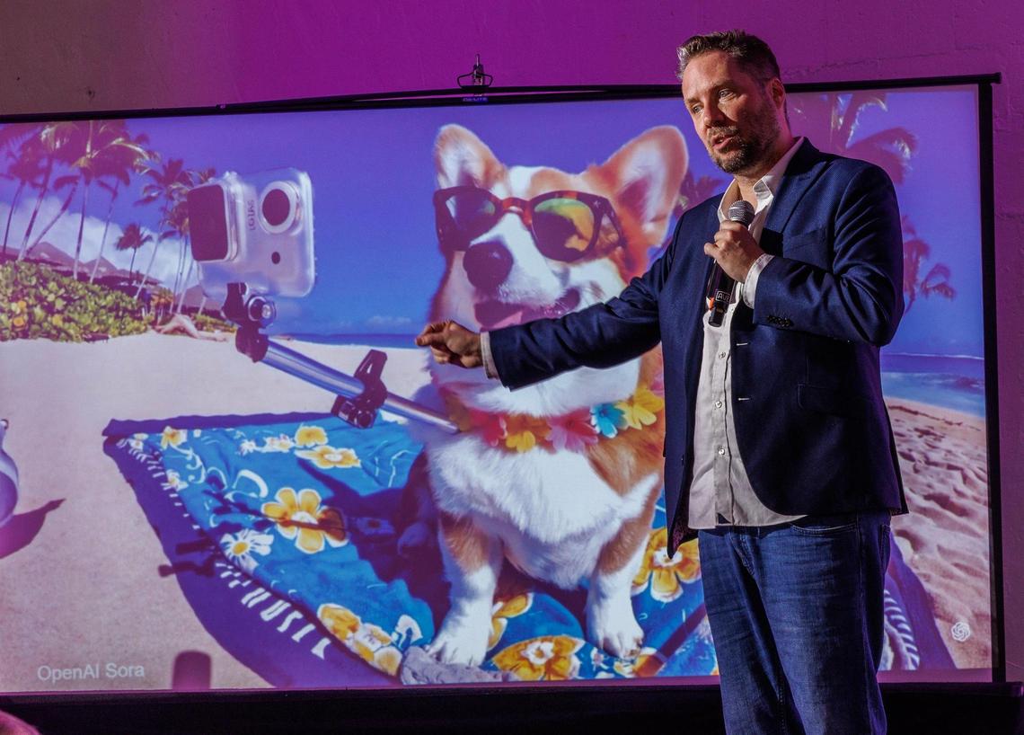 Jeremy Gutsche, CEO of Trend Hunter AI, delivers the keynote address during the Future Festival Miami Innovation Conference in Miami on Tuesday.