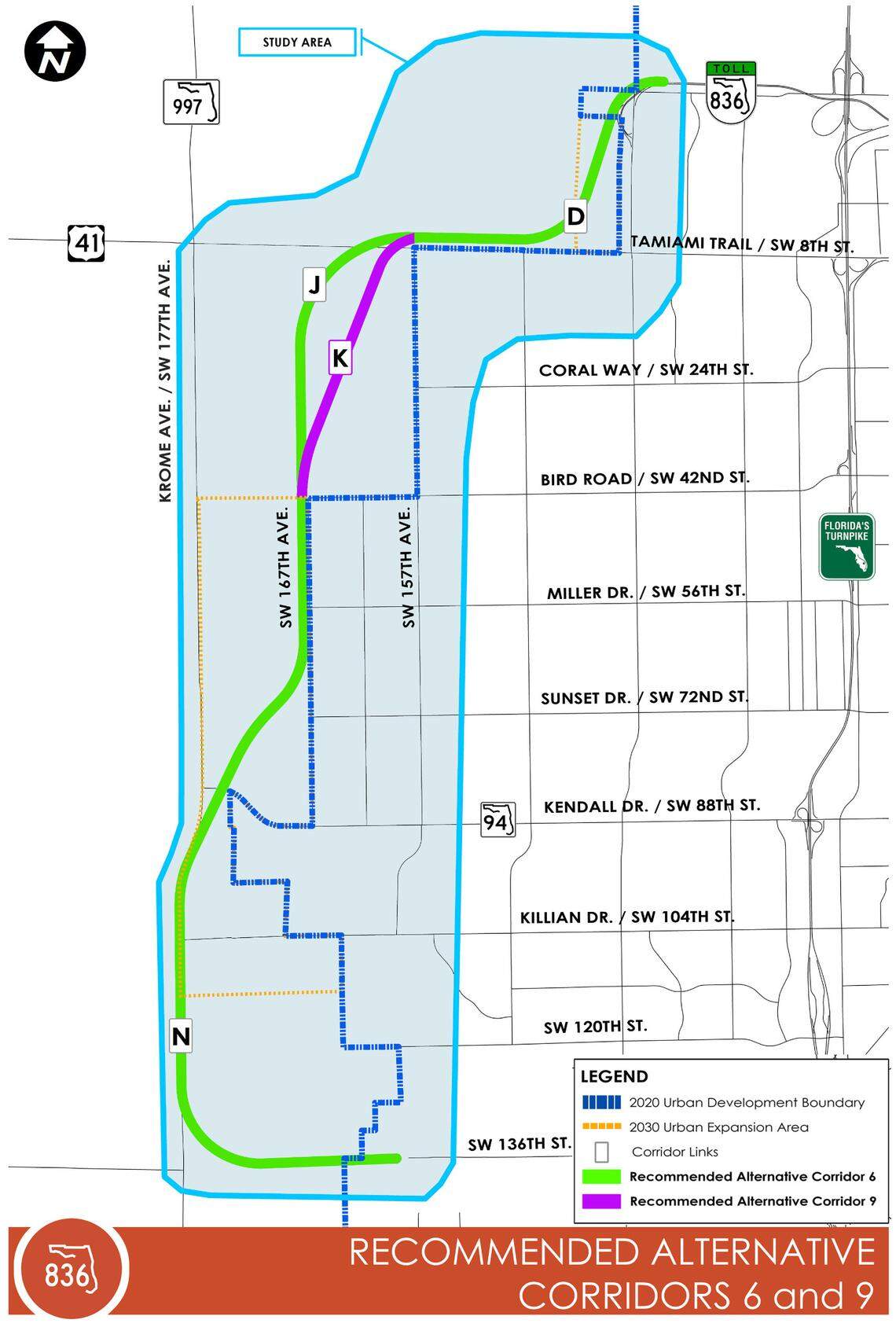 This map shows the proposed route of the extension of 836/Dolphin Highway in West Kendall.