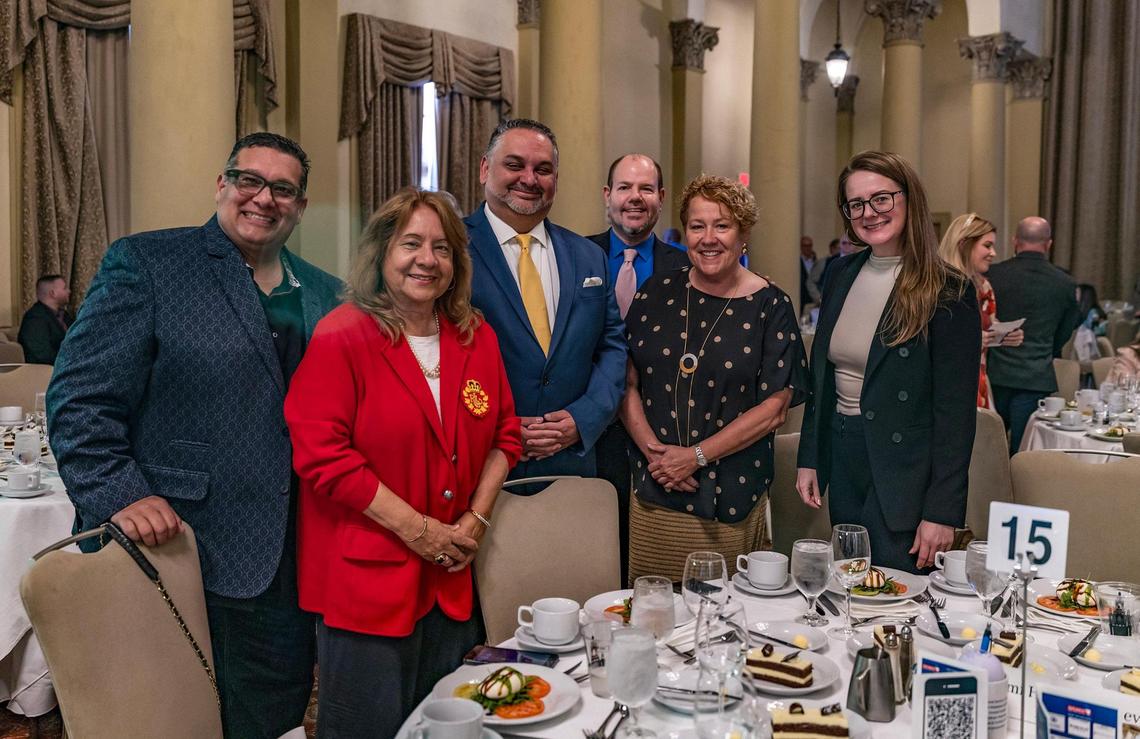 From left: Herald Visuals Editor David Santiago; Herald Editorial Writer Luisa Yanez; Herald and el Nuevo Herald Executive Editor Alex Mena; el Nuevo Herald Service Journalism Editor Daniel Shoer Roth; Herald Senior Managing Editor Dana Banker; and Herald features and education editor Amy Reyes at the South Florida Hispanic Chamber of Commerce’s ‘Hispanic Leadership Awards’ at the Biltmore Hotel in Coral Gables on Friday.