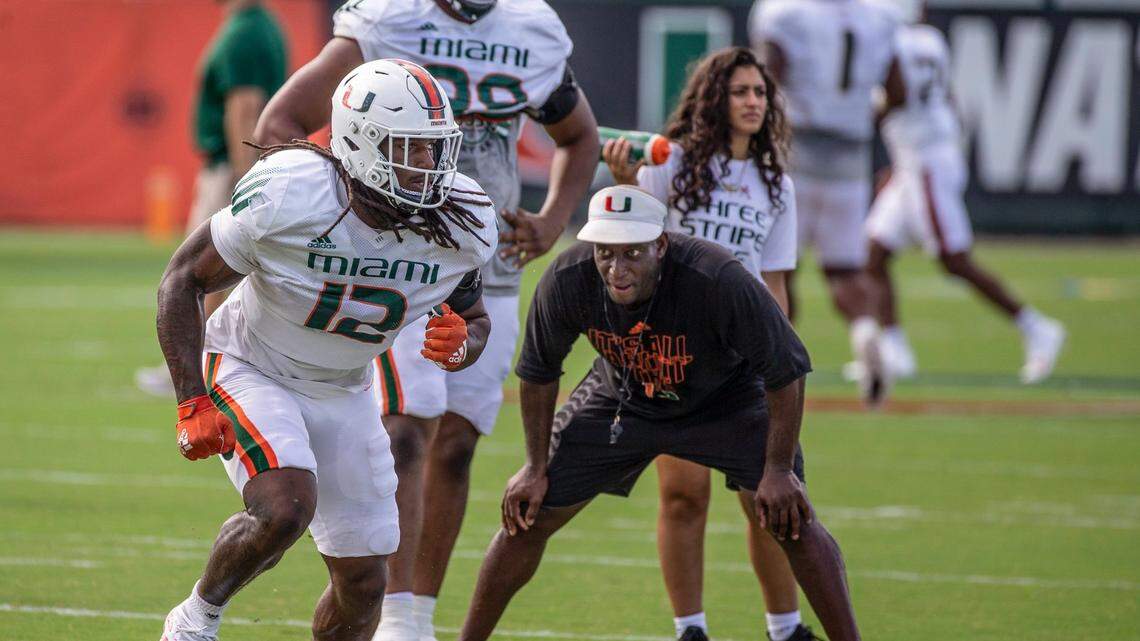 Miami Hurricanes defensive lineman Jahfari Harvey (12) runs practice drills at the University of Miamis Greentree Field in Coral Gables on Tuesday, August 31, 2021.
