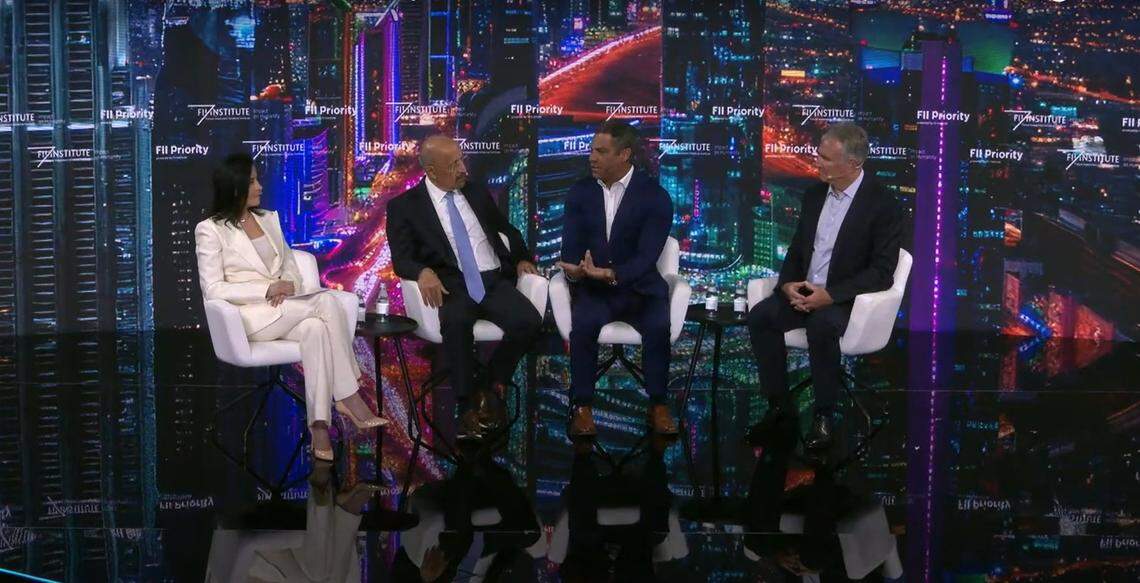 Miami Mayor Francis Suarez, third from the left, spoke onstage at the Saudi-backed FII Priority conference in Miami Beach, Florida, on Thursday, Feb. 20, 2025.