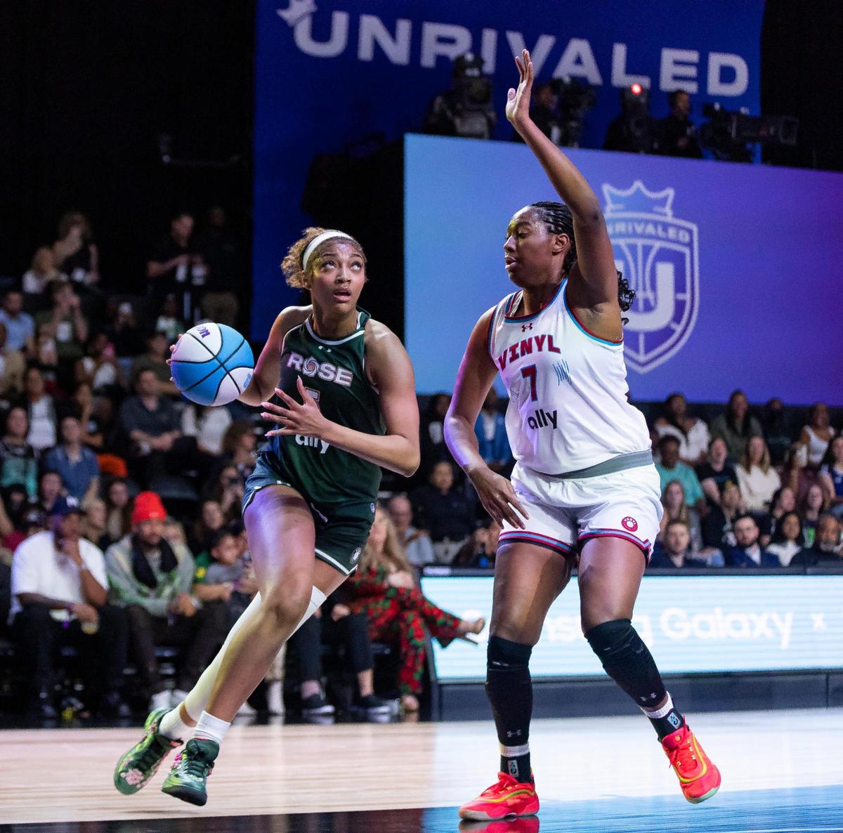 Vinyl Aliyah Boston (7) defends against Rose Angel Reese (5) in the first half of their Unrivaled basketball game at the Wayfair Arena on Friday, Jan. 17. 2024, in Miami, Fla.