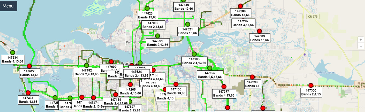 Cell tower map from Cellmapper.net showing towers out around Manatee County on Thursday, Sept. 29, 2022 after Hurricane Ian hit Southwest Florida on Wednesday.