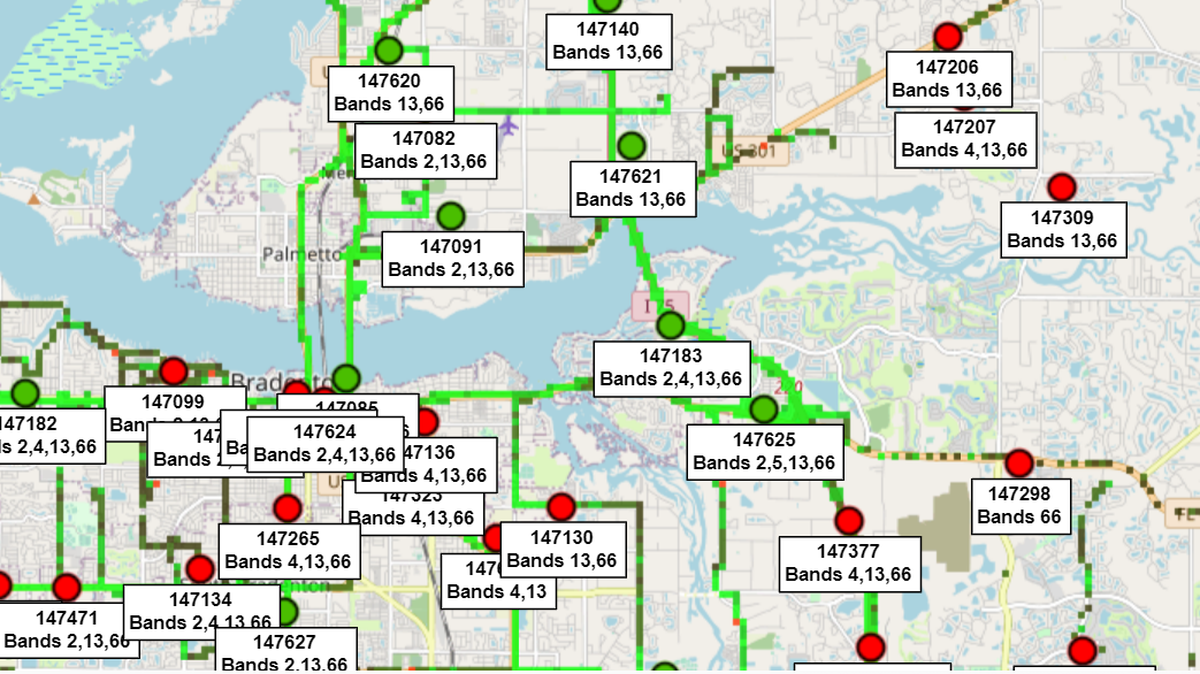 Cell tower map from Cellmapper.net showing towers out around Manatee County on Thursday, Sept. 29, 2022 after Hurricane Ian hit Southwest Florida on Wednesday.