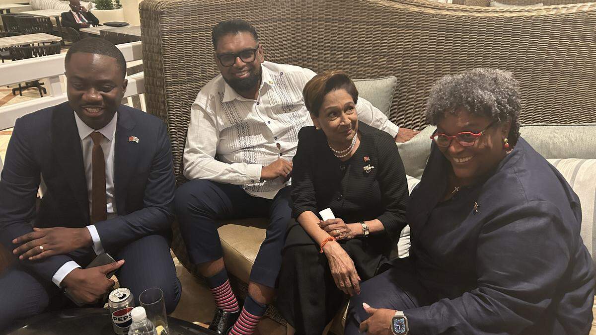 Guyana President Mohamed Irfaan Ali, second from left, at the CARICOM summit in St. Kitts and Nevis after the opening ceremony on Tuesday, February 24, with Trinidad and Tobago Prime Minister Kamla Persad-Bissessar and Barbados Prime Minister Mia Mottley. To his right is Chief Secretary of Tobago Farley Augustine.