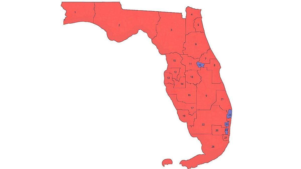 Gov. Ron DeSantis’ office released this proposed U.S. House of Representatives district map on Monday, April 27, 2026, seeking to increase the number of Republican-friendly districts in Florida to 24. Only four districts in the state would favor Democrats in November’s elections should the Legislature approve the map.