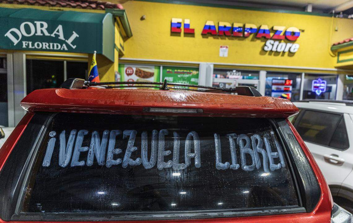 Venezuelans exiles living in South Florida celebrated outside of El Arepazo in Doral, Florida, after the United States attacked Venezuela and captured Venezuelan leader Nicolás Maduro, on Jan. 3, 2026.