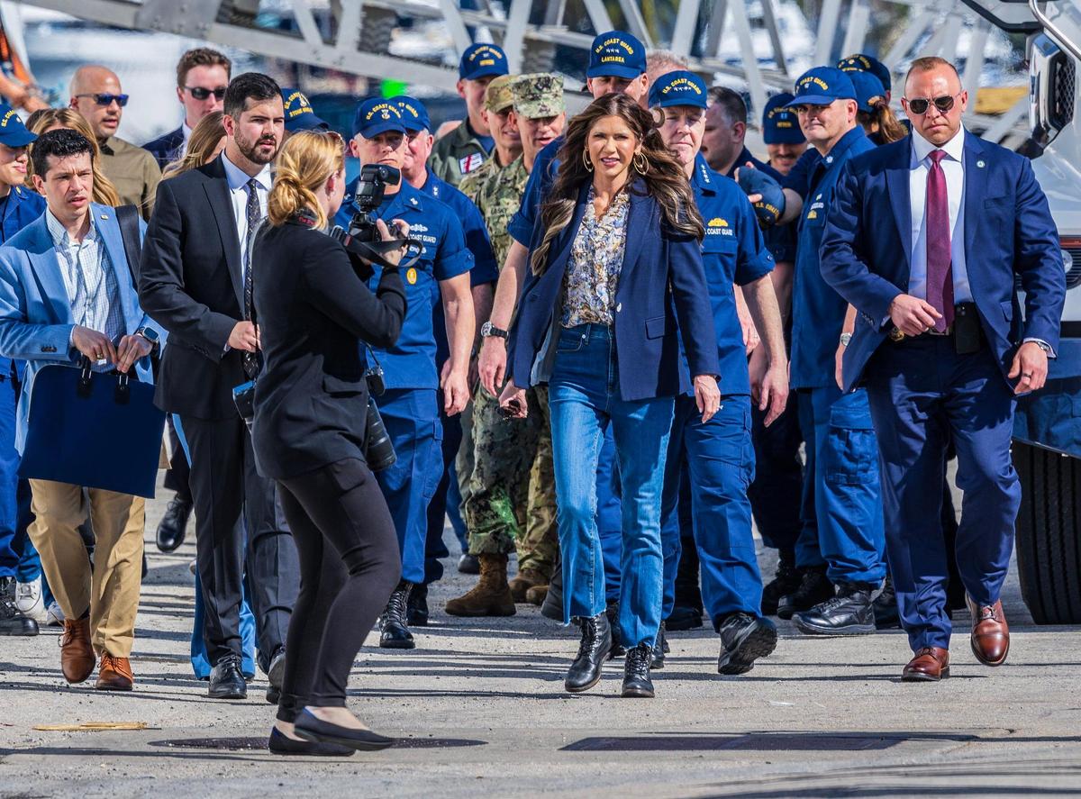 Department of Homeland Security Secretary Kristi Noem at Port Everglades in Fort Lauderdale to discuss the confiscation of more than 45,000 pounds of cocaine with a street value of around $517.5 million seized by the crews of the U.S. Coast Guard cutters Stone and Mohawk, Thursday March 20, 2024.
