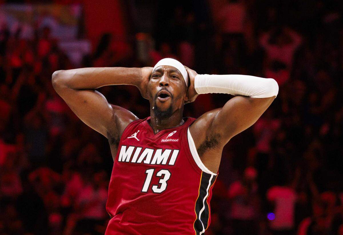 Miami Heat center Bam Adebayo (13) reacts after making a basket during the second half of a game against the Phoenix Suns on Tuesday, Jan. 13, 2026, at the Kaseya Center in downtown Miami, Fla. 