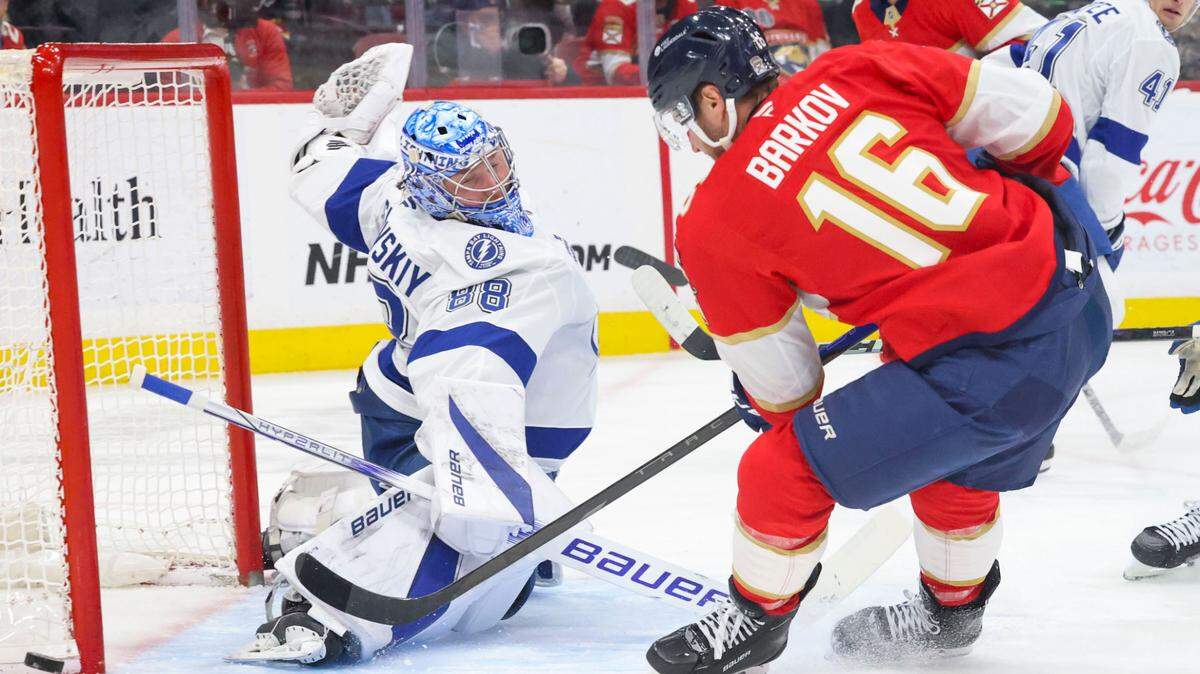 Florida Panthers center Aleksander Barkov (16) takes a shot on Tampa Bay Lightning goaltender Andrei Vasilevskiy (88) and misses during the first period of a game on Monday, March 3, 2025, at Amerant Bank Arena in Sunrise, Fla.