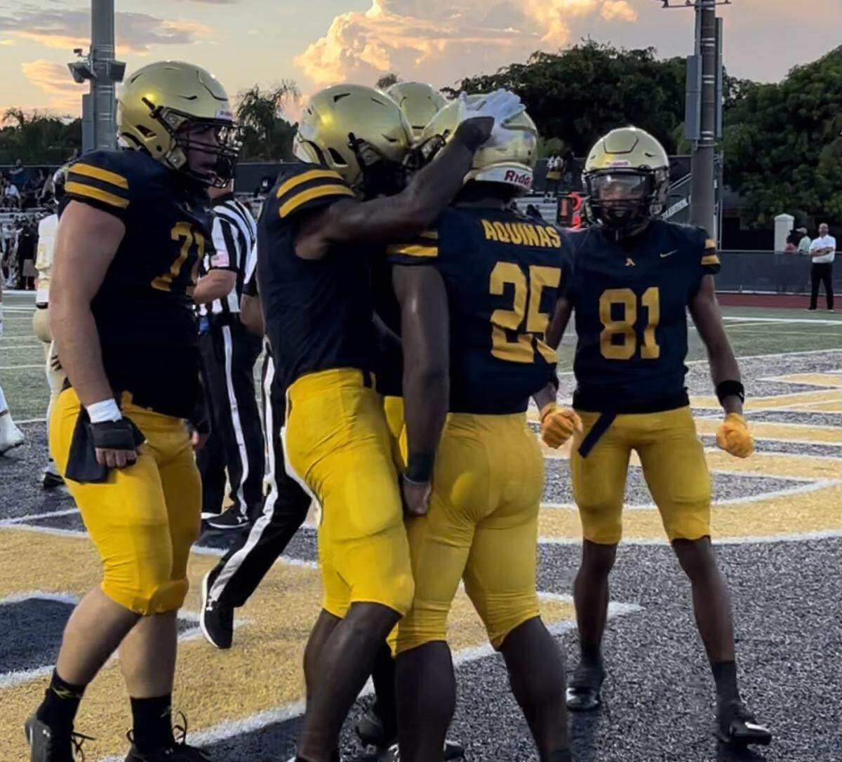 St. Thomas Aquinas running back Jordan Montgomery ran for two touchdowns to help the Raiders beat Davie Western 48-22 on Thursday night at Aquinas.