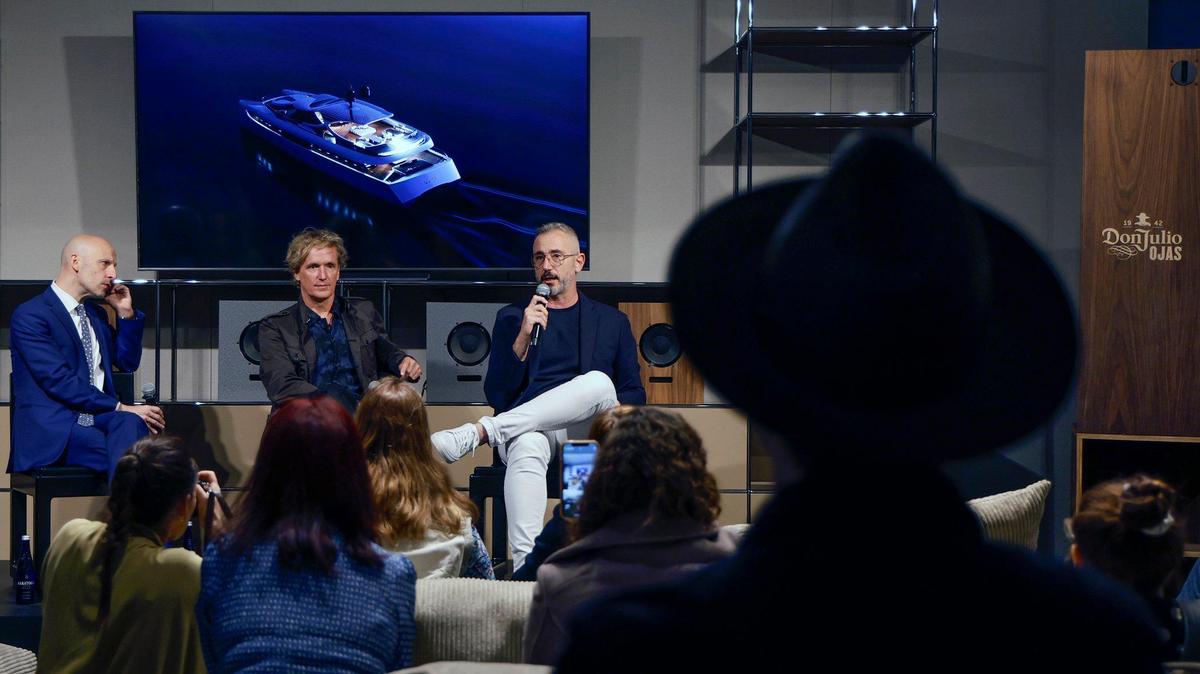 Glenn Adamson, Curatorial Director of Design Miami, moderates a discussion on a prototype hybred luxury yacht that could revolutionize the boating industry with Rossinavi founder and CEO Yves Behar and Chief Operating Officer Frederico Rossi, left to right, at Design Miami on Miami Beach, Florida on Tuesday, December 3, 2024.
