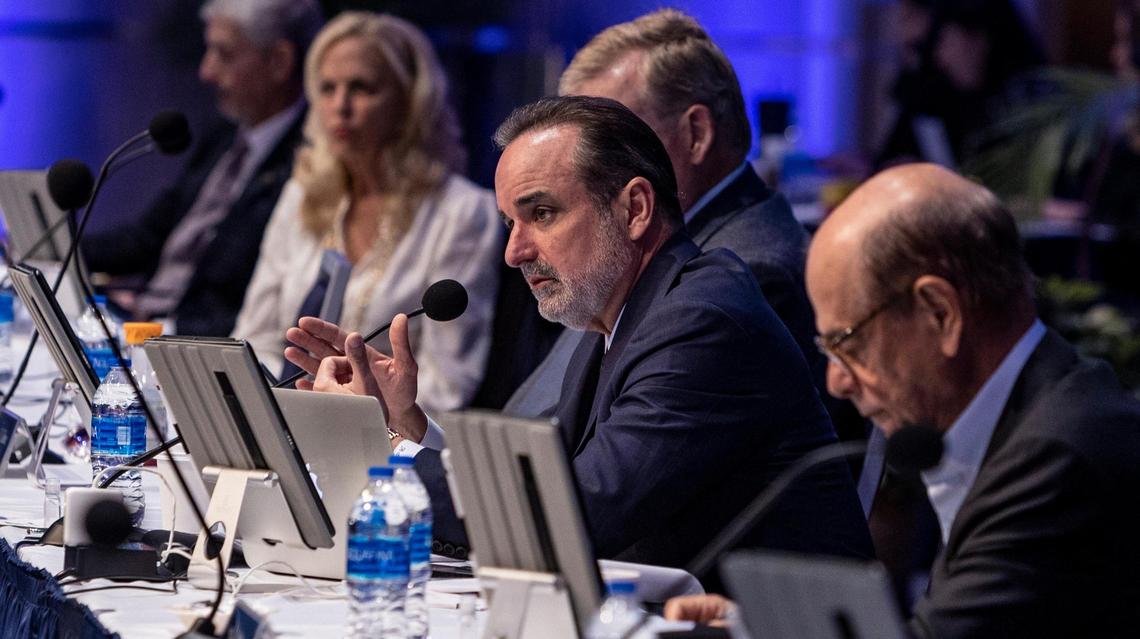 Trustee Roger Tovar, center, speaks during an FIU Board of Trustees meeting held at the FIU Modesto A. Maidique Campus on March 3, 2022. He will chair the presidential search committee to replace Mark Rosenberg.