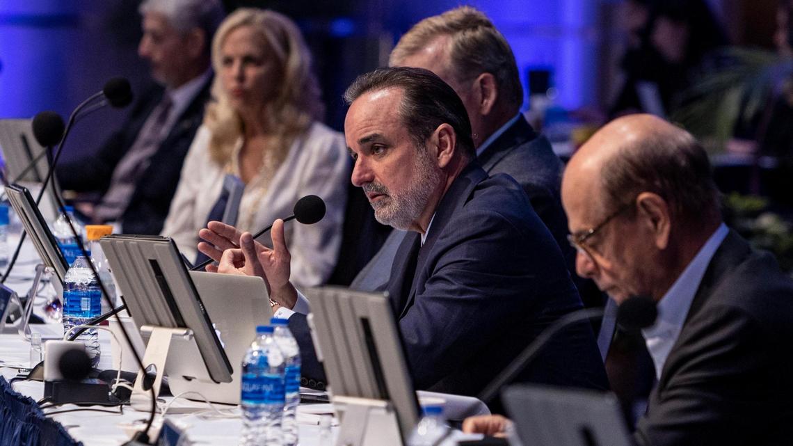 Trustee Roger Tovar, center, speaks during an FIU Board of Trustees meeting held at the FIU Modesto A. Maidique Campus on March 3, 2022. He will chair the FIU presidential search committee to replace Mark Rosenberg, who abruptly resigned in January.
