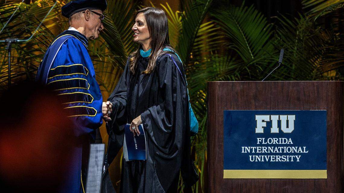 Florida Lt. Governor Jeanette FIU has a new president: Florida Lt. Governor Jeanette Nuñez after hasty board vote greets FIU’s sixth president, Kenneth A. Jessell during his Presidential Investiture Ceremony at the Ocean Bank Convocation Center, at the Florida International University Modesto A. Maidique campus in Miami, on Thursday May 18 , 2023. On Feb. 7, 2025, the FIU board voted to replace Jessell with Nuñez as interim president.
