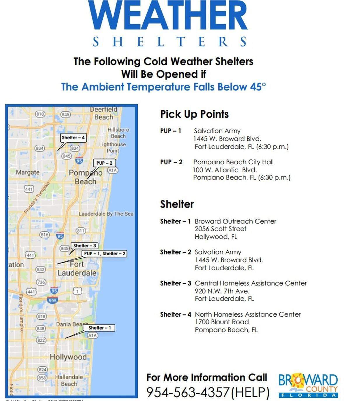 Cold weather shelters map for Broward County, Nov. 27-28, 2018.