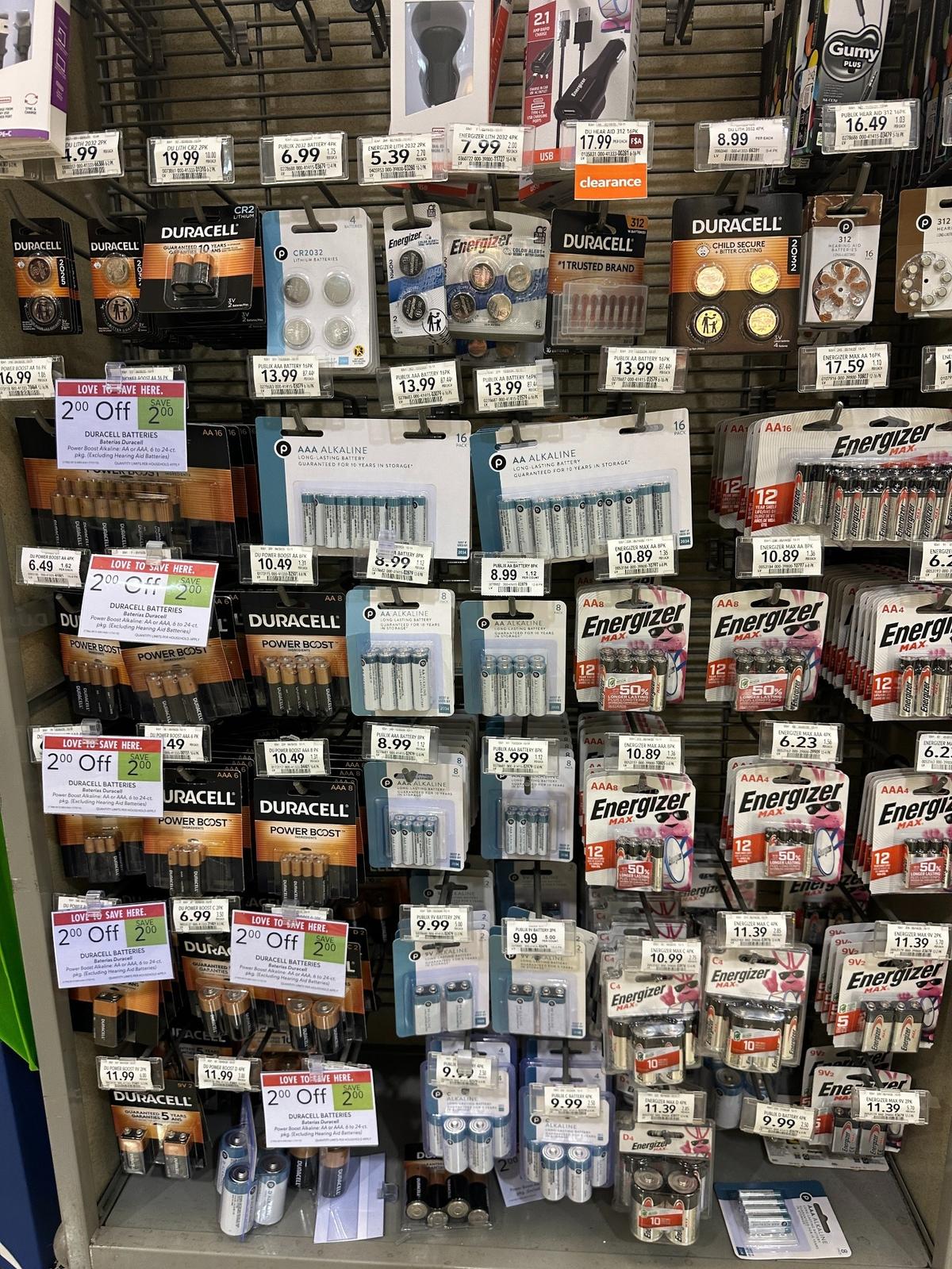 Batteries for sale at a Kendall area Publix on May 19, 2025. Batteries should be part of a hurricane kit to power flashlights and portable radios.