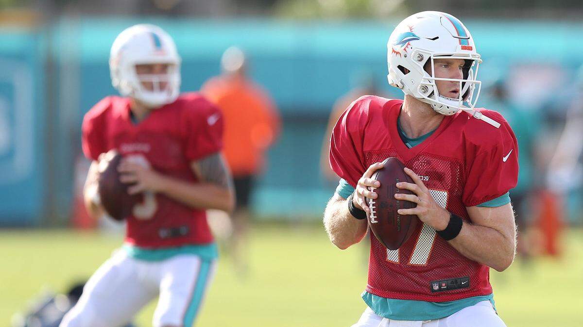 Miami Dolphins Ryan Tannehill (17) during practice at the Miami Dolphins facility in Davie, Florida, July 30, 2018. 