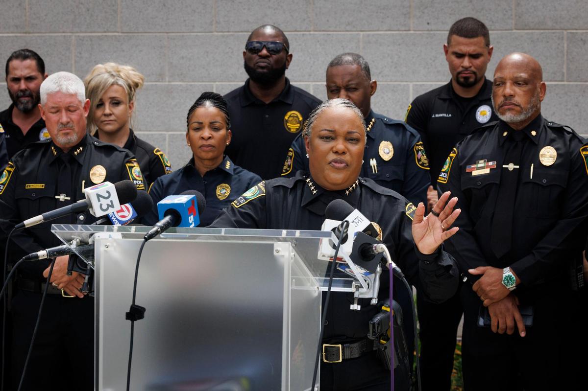 Miami Gardens Police Chief Delma Noel-Pratt holds a press conference addressing recent allegations in response to the lawsuit involving five officers on Thursday, July 17, 2025 outside the Miami Gardens Police Department in Miami Gardens, Fla.